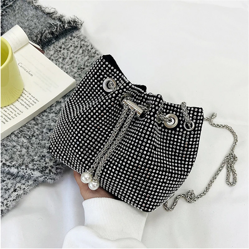 Fashion Drawstring Pearl Chain Bucket Bags for Women Exquisite Evening Clutch Girl Canvas Crossbody Shoulder Bag Female Handbags