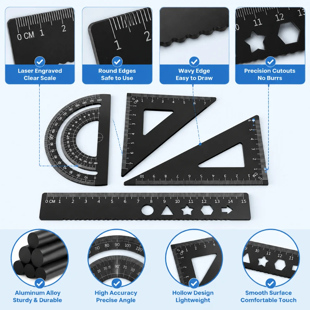 4 in 1 Metal Ruler Set Protractor Triangle Ruler Aluminum Alloy Drawing Set Angle Ruler Measuring Tools Maths Drawing Kit