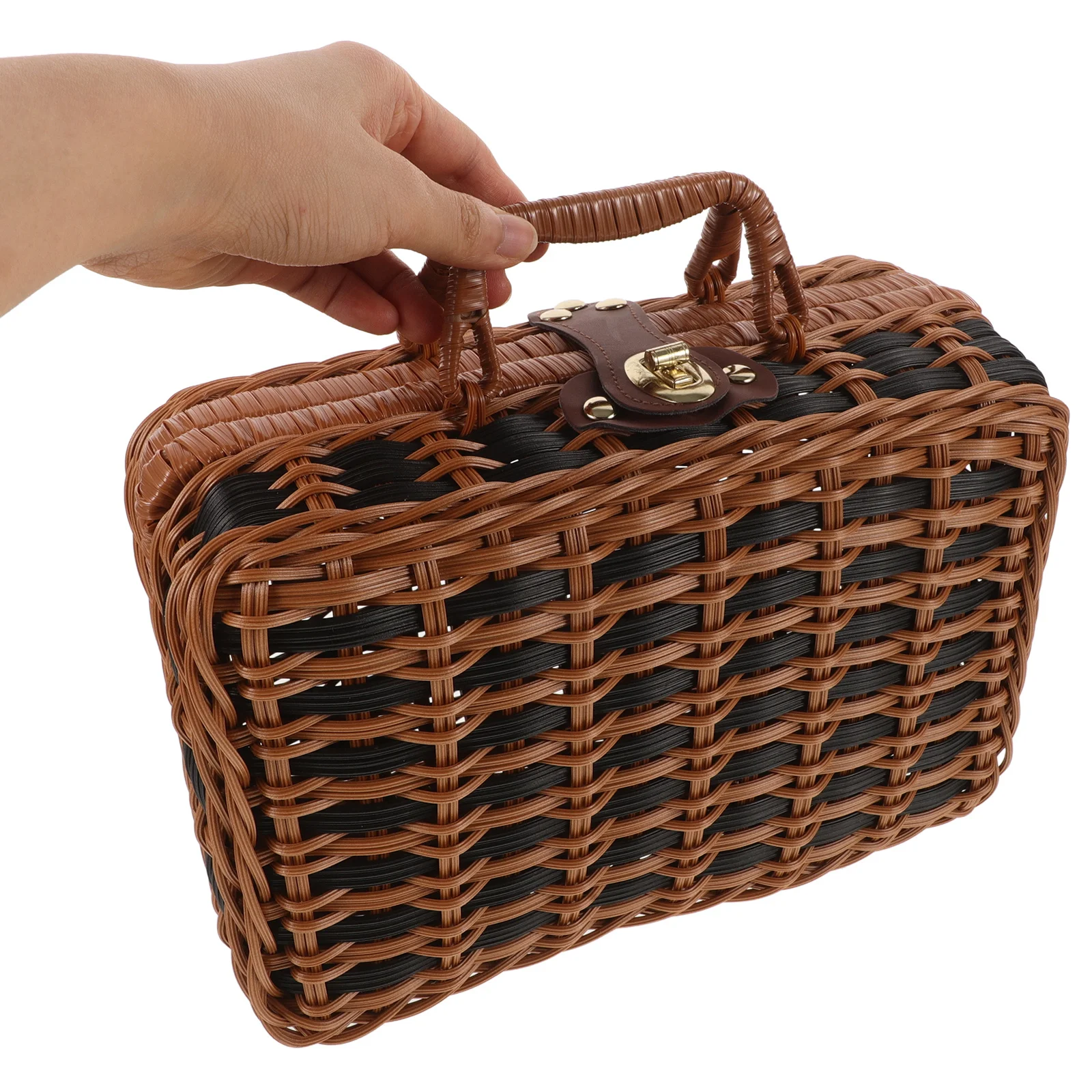 

S Retro Woven Storage Basket Sturdy Simulated Rattan Handwoven Case for Books Stationery Towels Picnic Essentials