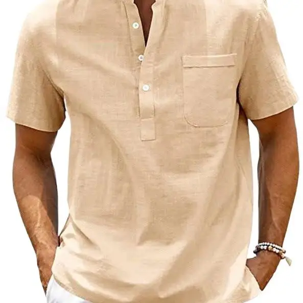 plus Size Men's Stand up Collar Short Swedish Shirt Comfortable Breathable Thin Material Easy Care Casual Pure Color Shirt view 5