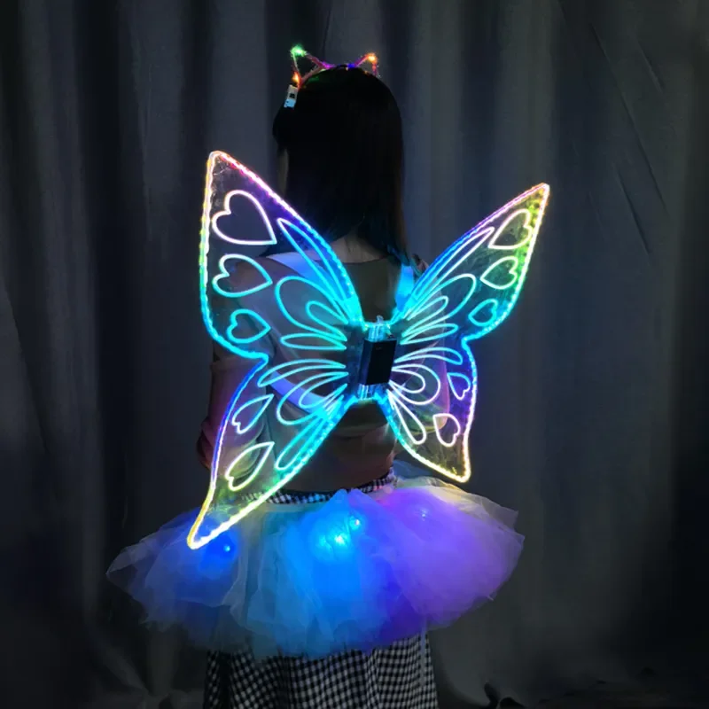LED Glowing Butterfly Wings for Women Kids Colorful Light Up Fairy Angel Wing Costume Party Cosplay Dance Performance Prop