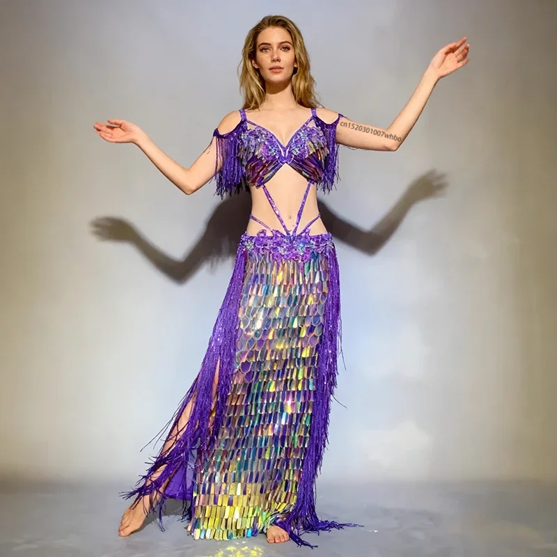 Belly Dance Costume Customized High End Custom Magic Flash Purple Fringed Clothing Female Belly Dancing Stage Performance Outfit