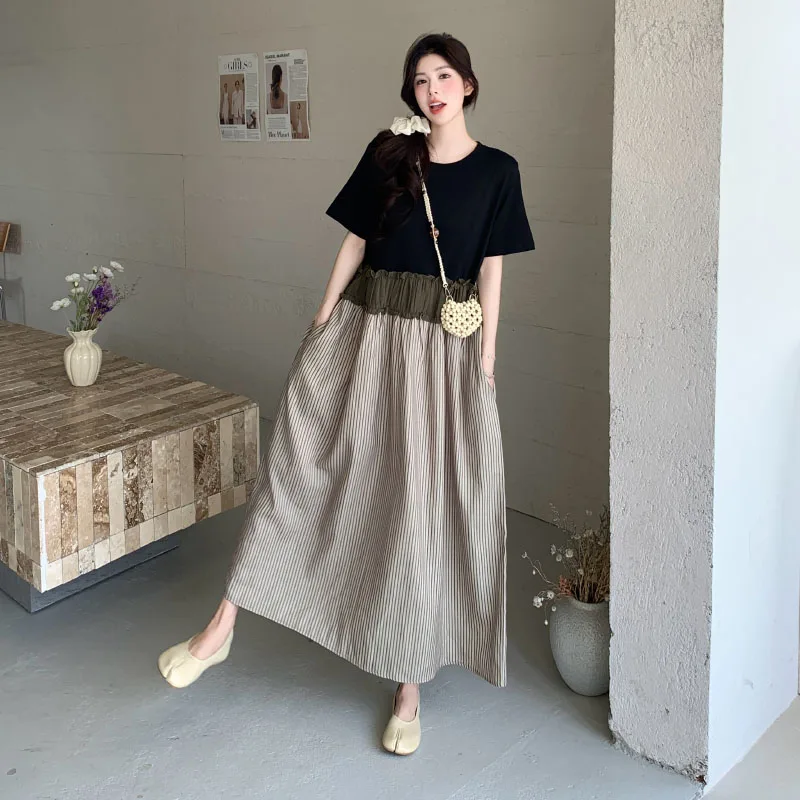 ฤดูร้อน 2025 ผู้หญิงหลวมพลัสขนาด Patchwork เสื้อยืดลาย Lady Vestidos หญิง Robe ใหม่ KE56069