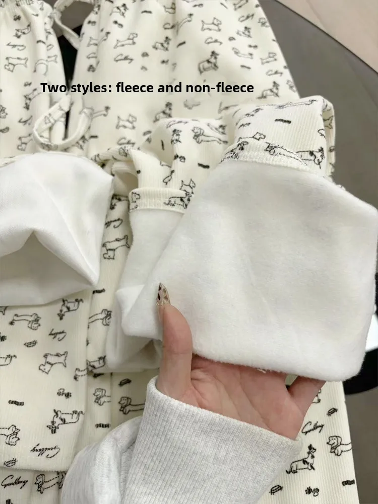 กางเกงขายาวทรงหลวมลายการ์ตูนสุนัขสำหรับผู้หญิง เอวสูง ขากว้าง ผ้าฟลีซบุซับใน เหมาะสำหรับฤดูใบไม้ร่วงและฤดูหนาว สไตล์ลำลอง สวมใส่สบาย