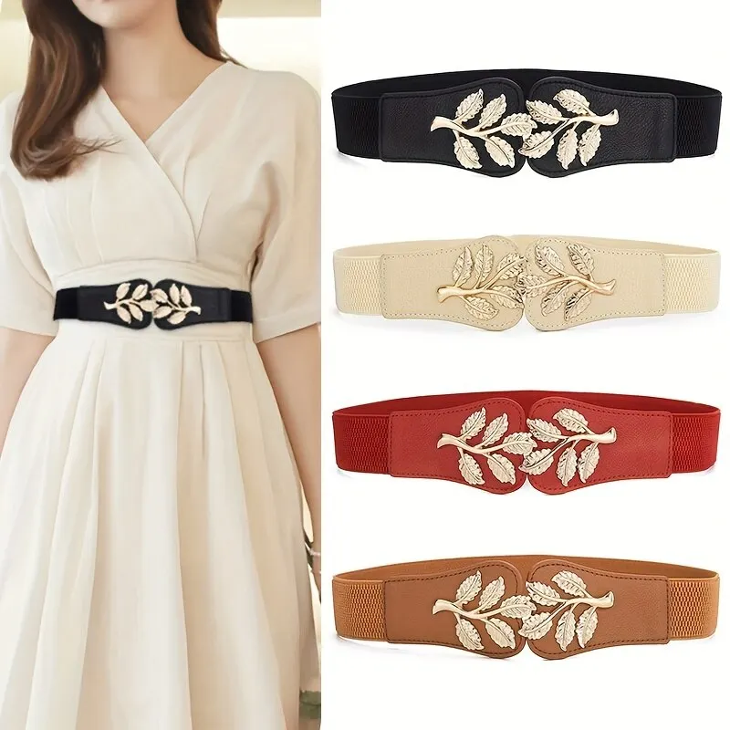 Women\'s Waist Cover Fashionable Gold Leaf Elastic Waist Closure With Double Hook Buckle Wide Belt Paired With Skirt Women Belt