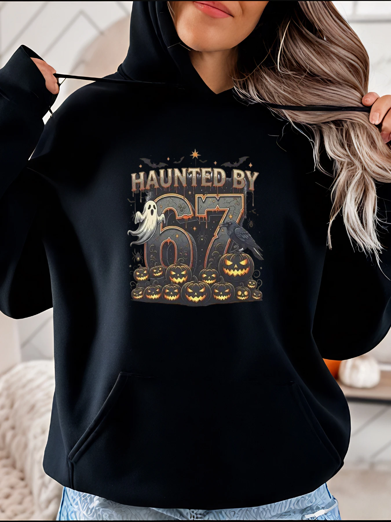 

Толстовка с капюшоном на Хэллоуин с привидениями 67, женская повседневная толстовка с принтом тыквы и ворона, осенний сезонный костюм, одежда