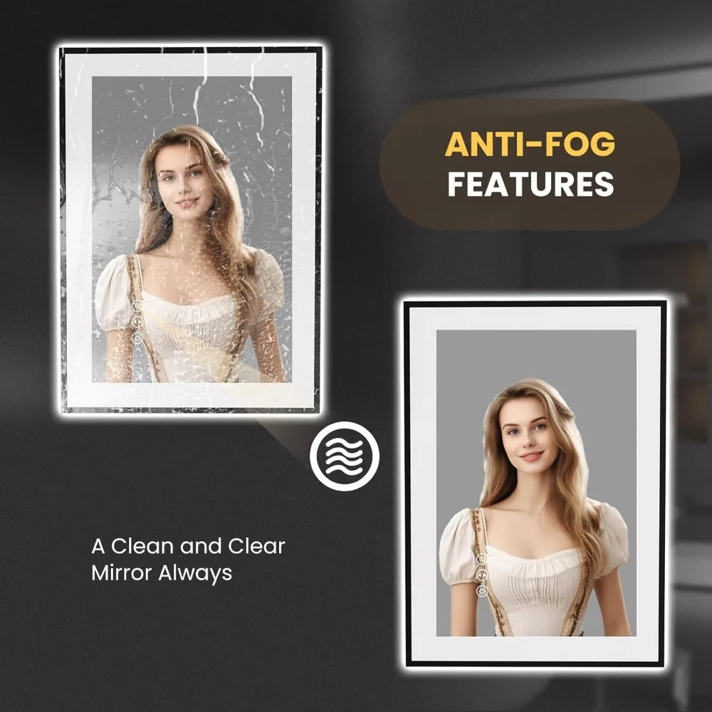 Anti-Fog Dimmable LED Bathroom Mirror with Memory Function, Wall-Mounted Vanity Mirror, Temperature Display, Black Framed 20x28
