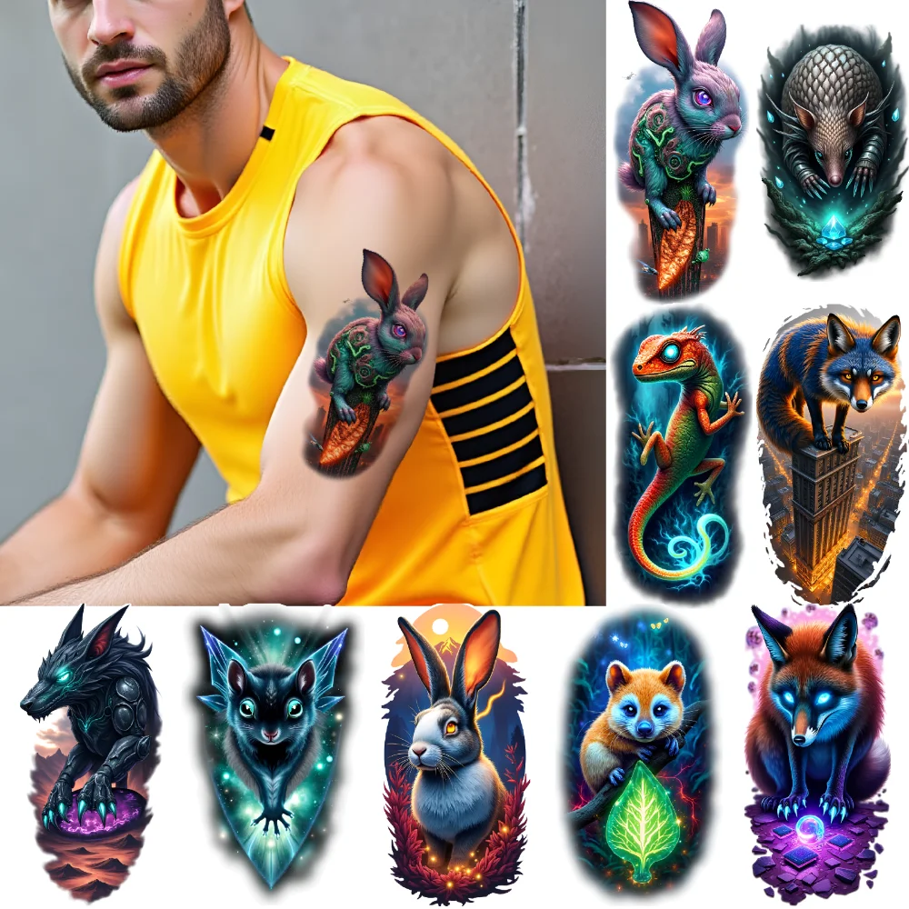 

3pcs Temporary Tattoo Rabbit With Branch Realistic Temporary Tattoos Rabbit With Armor Gecko With Swirls Colorful Realism For