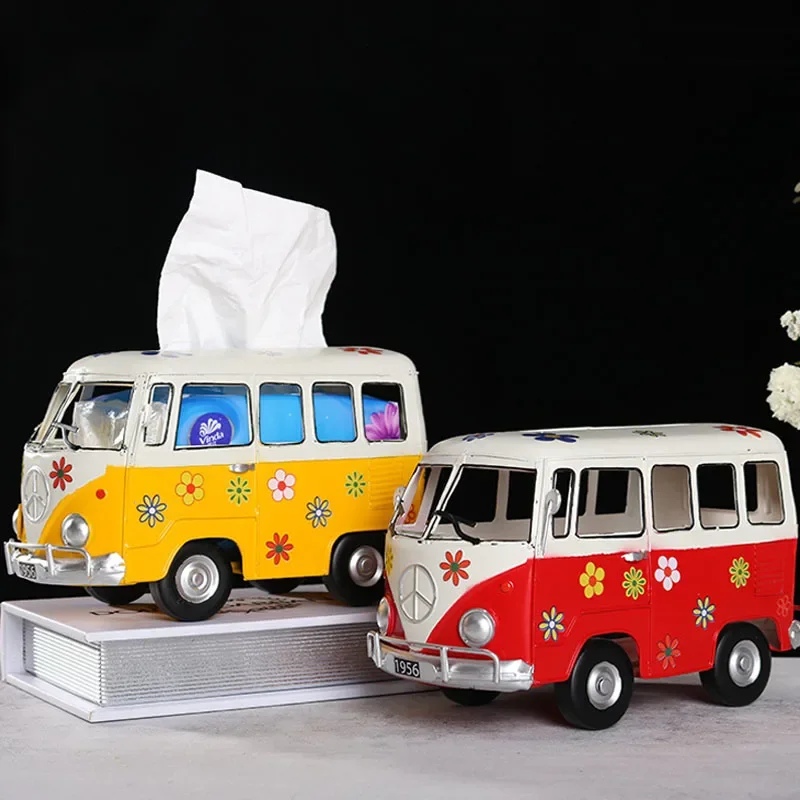 Creative Bus Model Paper Holder Nostalgic Retro Wrought Iron Car Miniature Home Tissue Boxes Decoration Ornament Gift