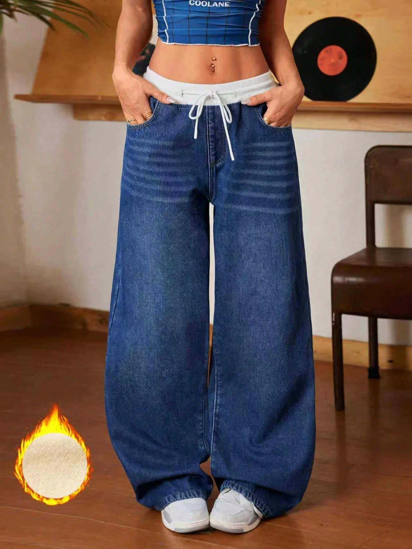 American-style Retro Thicken Warm Women's Jeans Elastic Waist Drawstring Casual Stretchy Wide Leg Denim Pants Suitable Trousers