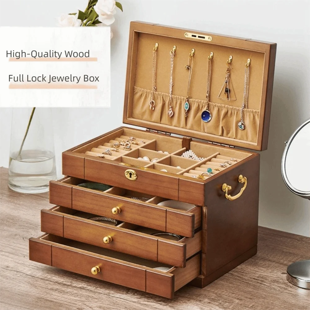 

Модная деревянная шкатулка для драгоценностей в стиле ящика, большая вместительная коробка для хранения, многослойная с замком, серьги, браслеты, подставка для женщин