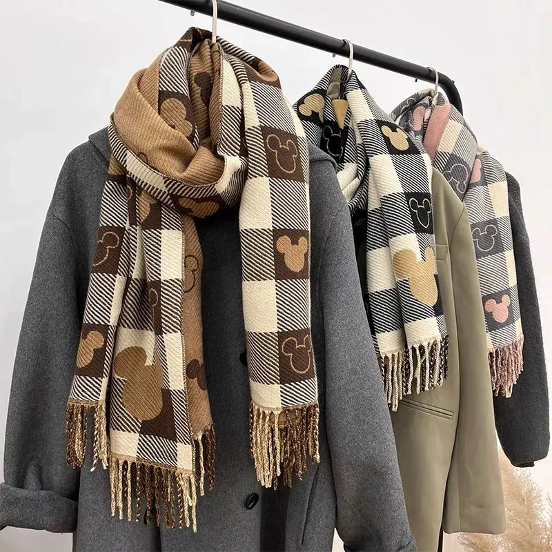 Bufanda de doble cara con estampado de Mickey Mouse de Disney, bufanda cálida para mujer para otoño e invierno, chal para exteriores, bufanda Retro de moda, regalo