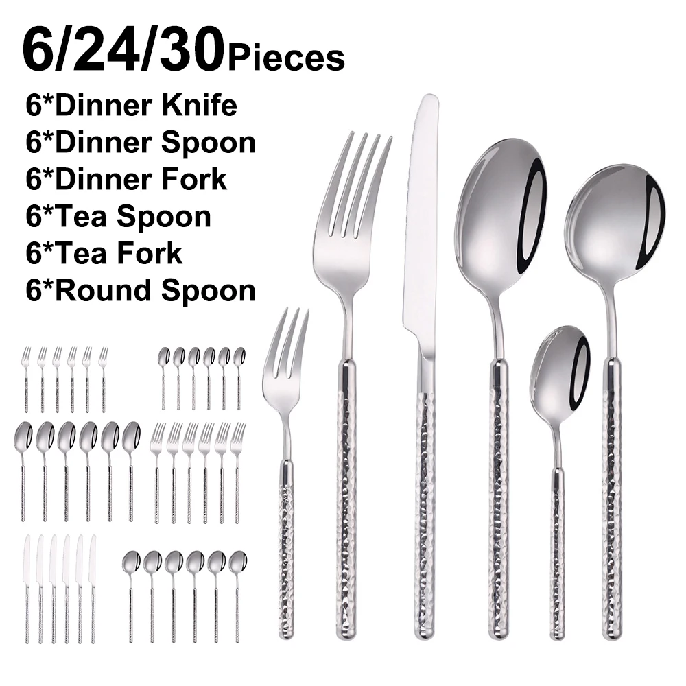 6/24/30 Pieces Sliver Tableware Set Stainless Steel 304 Cutlery Western Knife Fork Spoon Mirror Hammer Pattern Handle Dinner Set