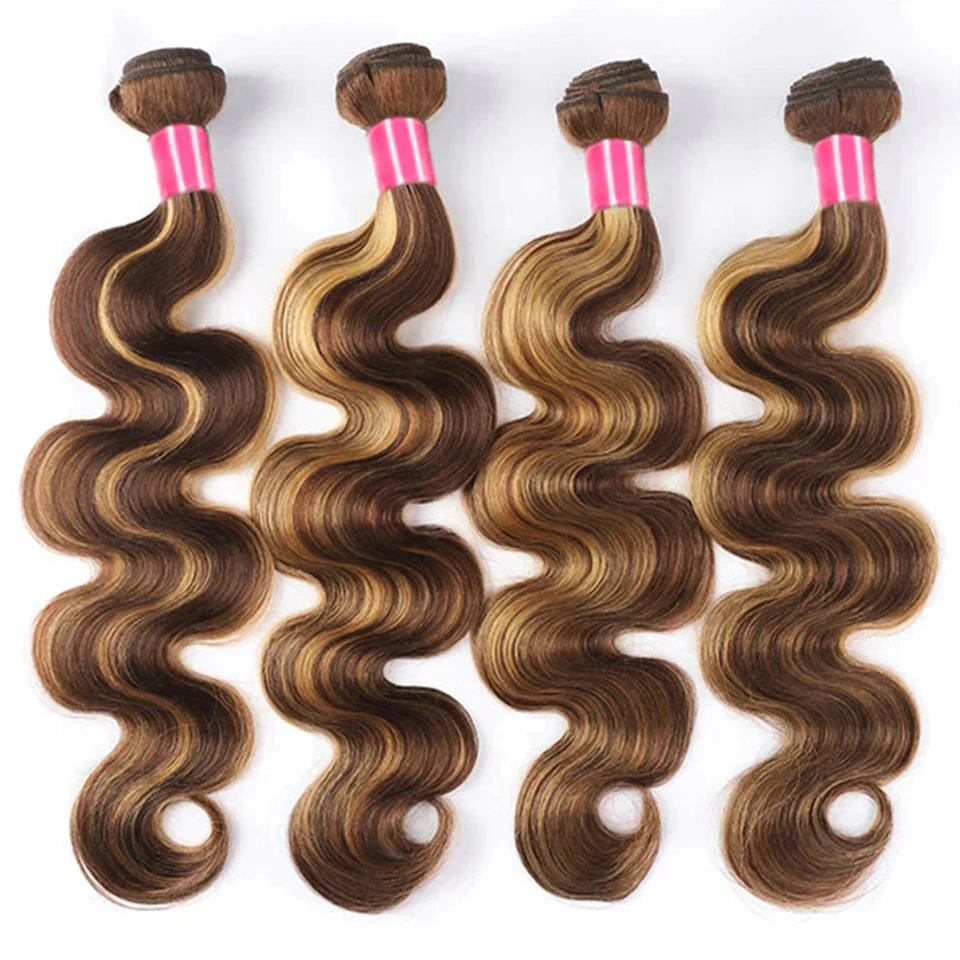 P4/27 Highlight Human Hair Bundles With 4x4 Body Wave Lace Closure Brazilian Remy Hair 3/4 PC Bundle Double Weft Hair Extensions