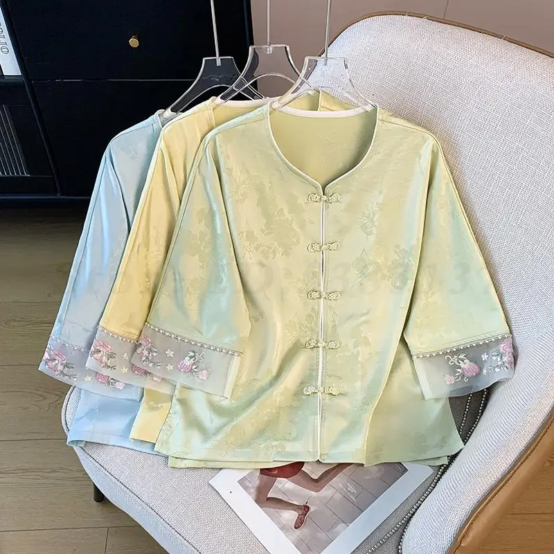 

Spring Autumn Female Tang Clothes Tops New Chinese Style O-Neck Jacquard Casual Loose Shirt for Women Spliced Lace Jacket