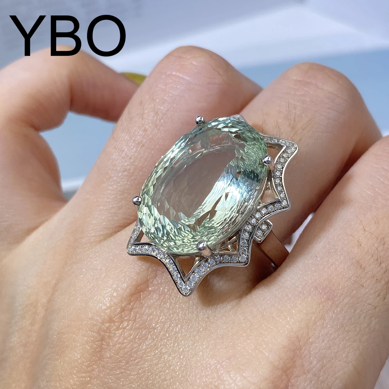 

YBO 925 Sterling Silver Natural 20.65Ct Green Crystal Rings For Women Luxury Wedding Party Dating Birthday Jewelry Gemstone Ring