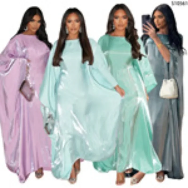 Abito lungo lungo da donna con scollo a barchetta e maniche a pipistrello larghe, abito lungo estivo in raso, vintage, Africa, streetwear, abiti da sera Vestido