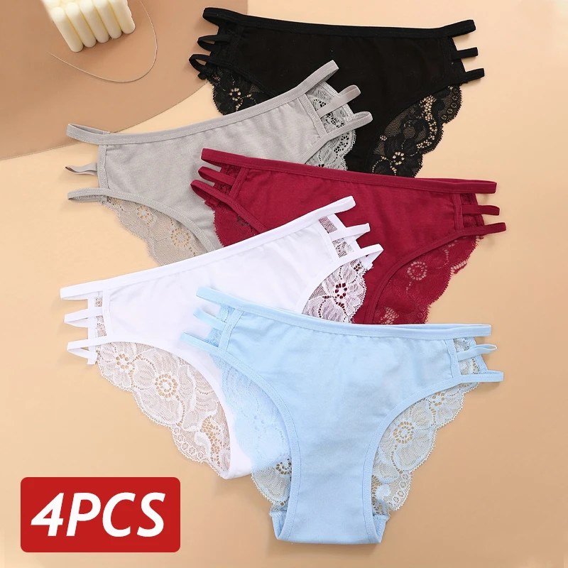 Floral Lace Panties for Women 4PCS/Set Transparent Sexy Lace Briefs Hollow Out Low Rise Underwear Female Breathable Lingerie S-L