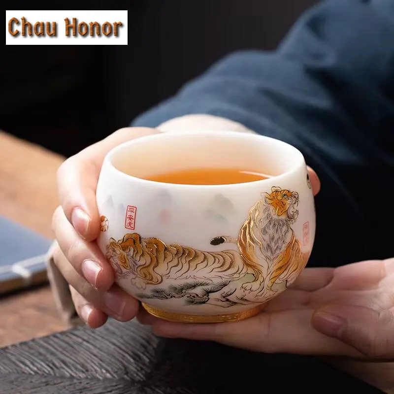 170ml High-end Mutton Fat Jade Ceramics Master Single Cup Handmade Home Kung Fu Tea Set Drinkware Chinese Year Of The Tiger Gift