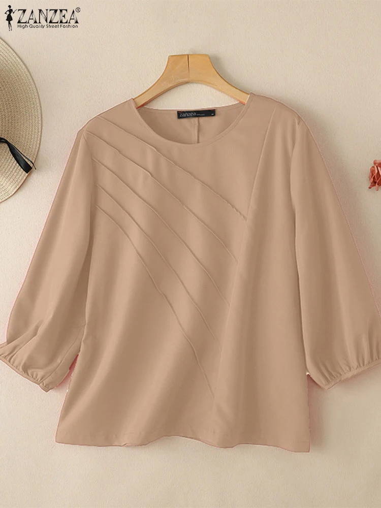 

ZANZEA Women 3/4 Sleeve Solid Blouse Summer Office Pleated Shirts Casual O Neck Loose Blusas Female Elegant Work OL Tops Chemise