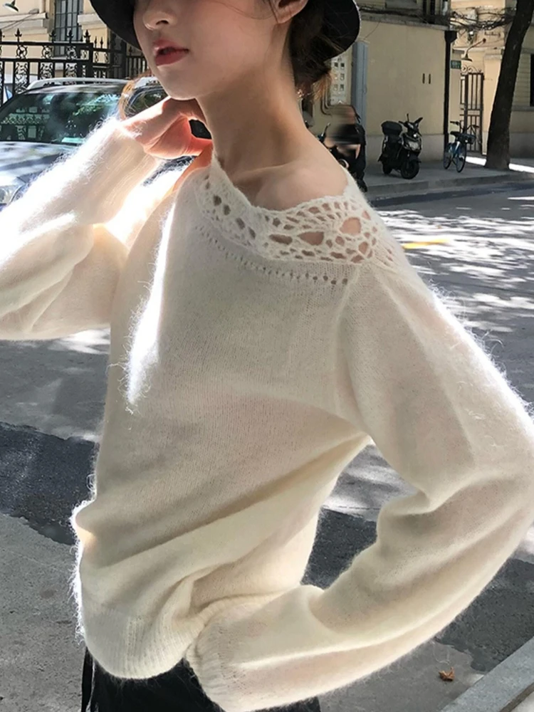 

2025 Autumn Winter Off Shoulder Knit Pullover Women Lace Trim Hollow Out Sweaters Oversized Soft Knitwears Korean Style Sweaters