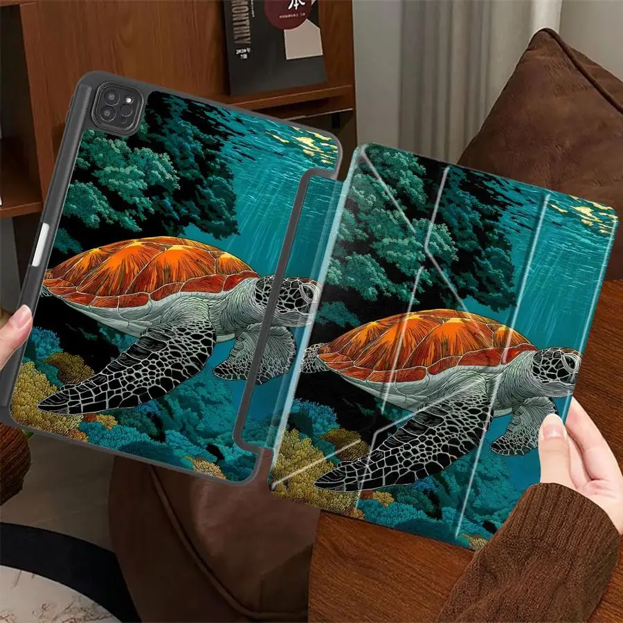

Чехол для планшета iPad Pro 2025, Mini 6, 7, Pro 11-го, 10-го, 9-го, 8-го, 7-го поколений, 12.9 дюймов, Air 4, 5, M3, M2, M4, 11 дюймов, с подставкой, дизайн «Подводная черепаха»