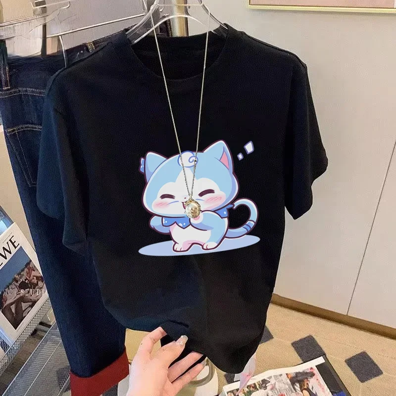 Snow Girl Series Original cartoon sneaky laughter snow spirit printed T-shirt for women summer loose casual round neck top ins