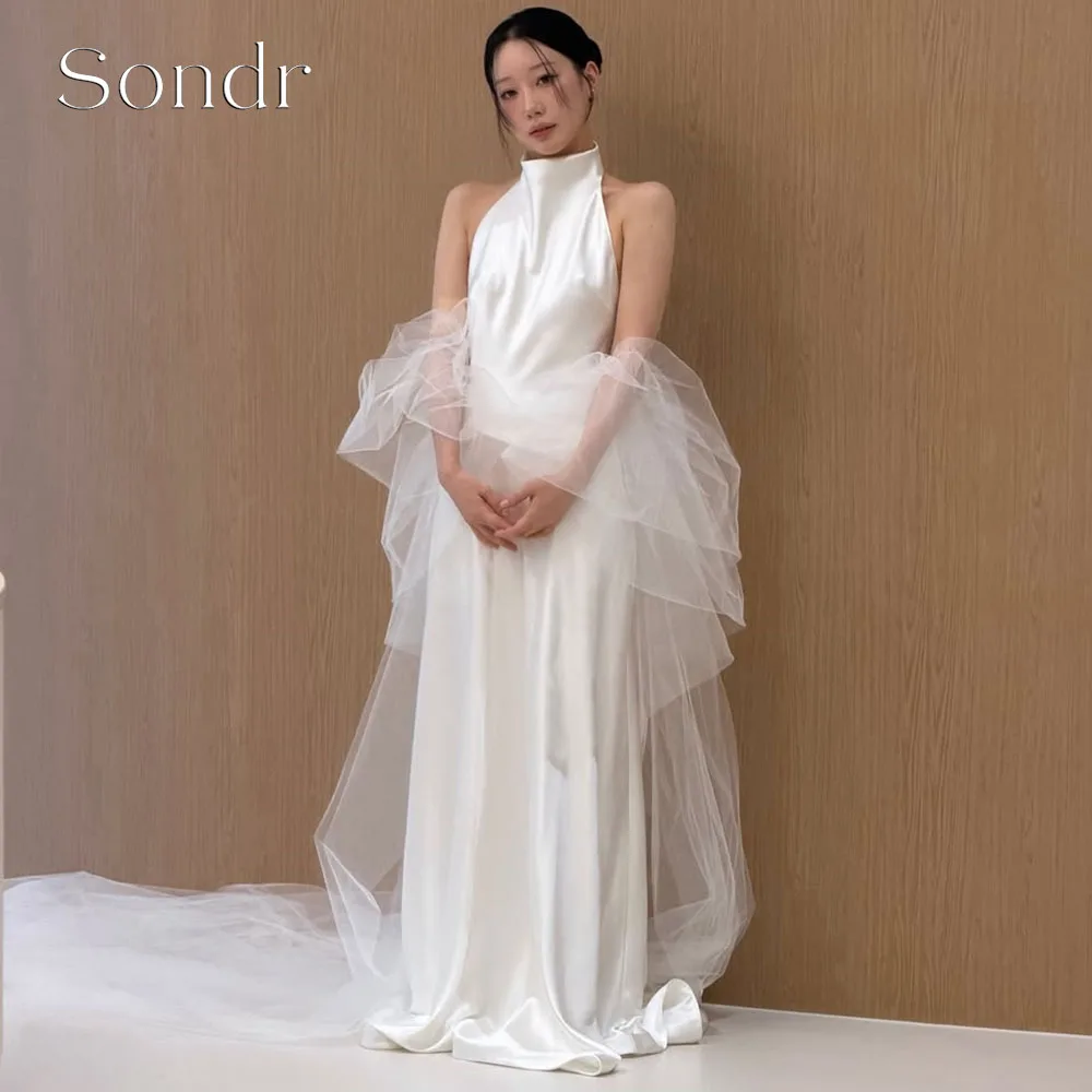 

Sondr Customized High Collar Korean Wedding Dresses Floor-Length Sleeveless Satin Bridal Gown Backless
