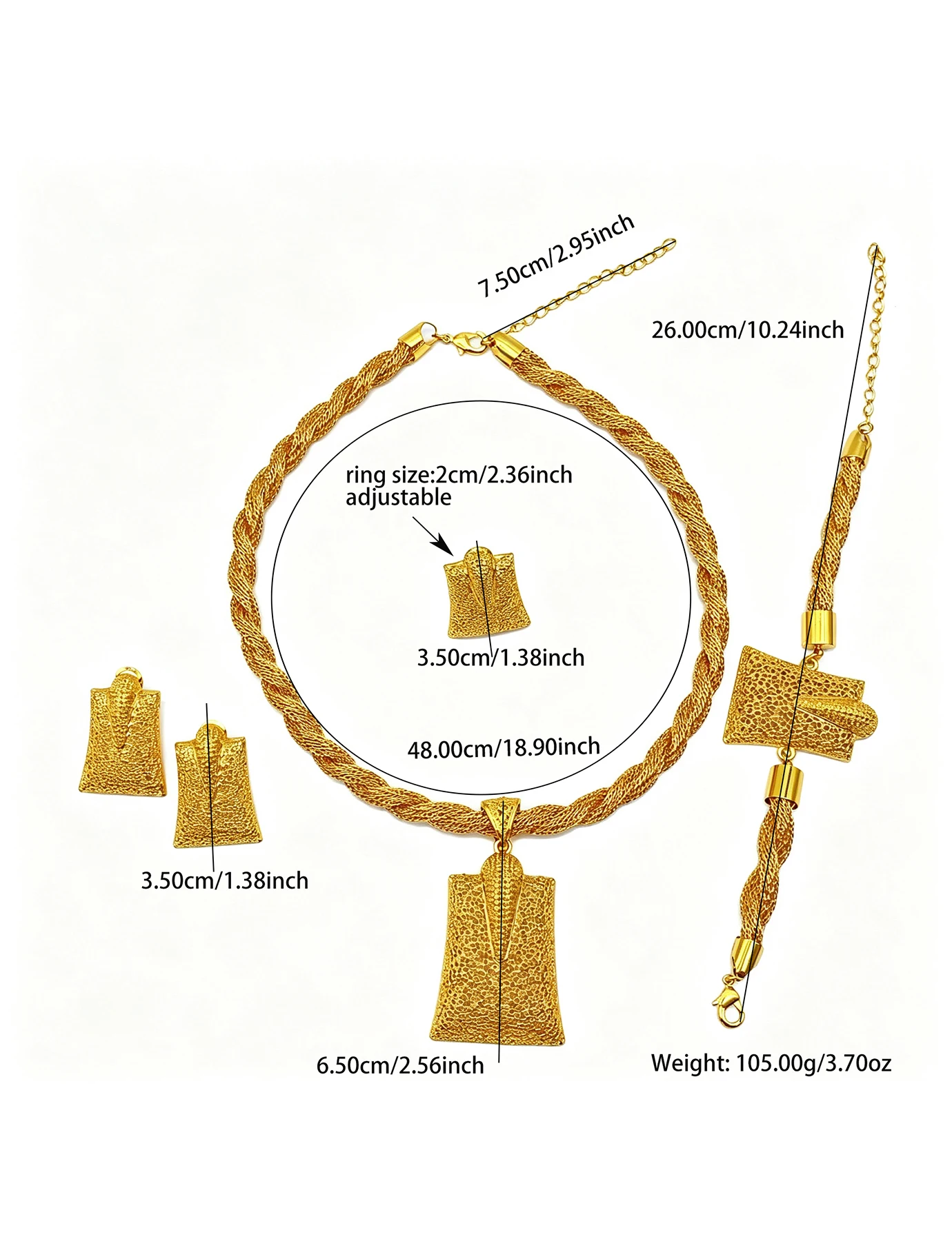 Luxuriöse afrikanische 24k vergoldete Schmucksets für Frauen, indische Brautschmuck-Sets aus Dubai mit gedrehter Kette, Halskette und Ohrringen, Hochzeitsschmuck im Großhandel. – Detail 6