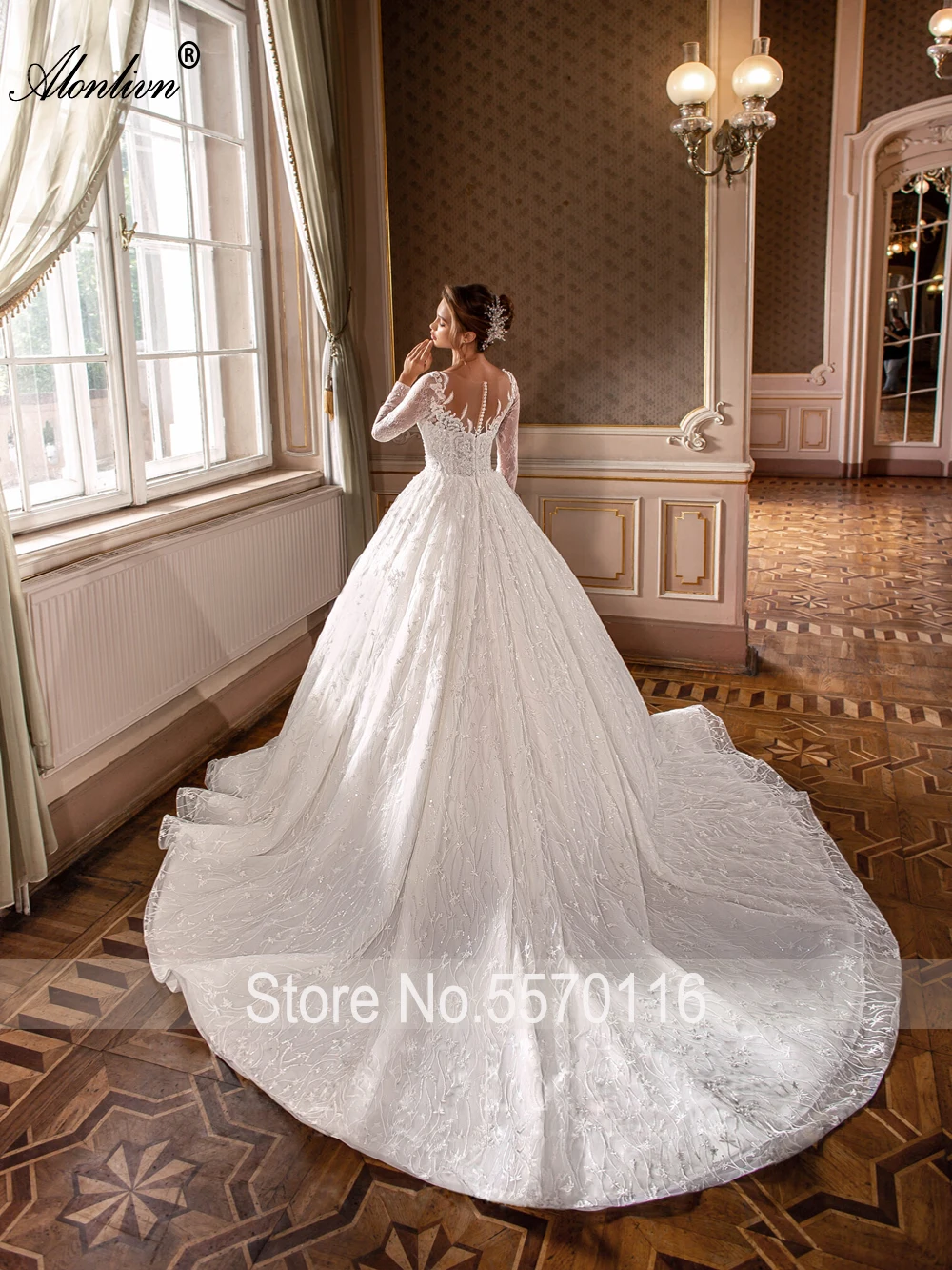 Alonlivn Full Sleeves O-neck A-Line Wedding Dresses Charming Beading Embroidery Lace Court Train Elegant Bridal Gowns