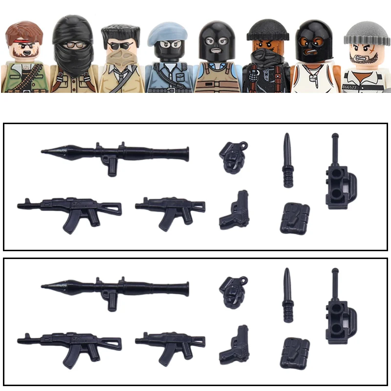 Acessórios de cidade moc vilão moderno gangster figuras bazuca bloco de construção soldado máscara capacete armas arma militar tijolos brinquedos