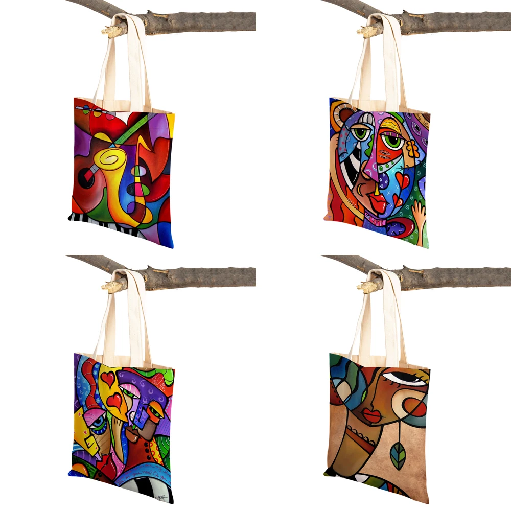 Fashion Colorful Abstract Painting Women Canvas School Bag Shopping Shoulder Bag Both Sided Cartoon Girl Tote Travel Handbag