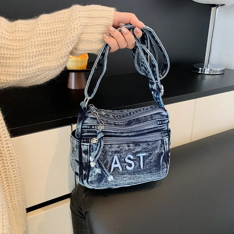 

New Commuter Versatile Crossbody Bags Heavy Embroidery Denim Shoulder Bag Multi Pocket Fashion Texture and Simple Square Bag
