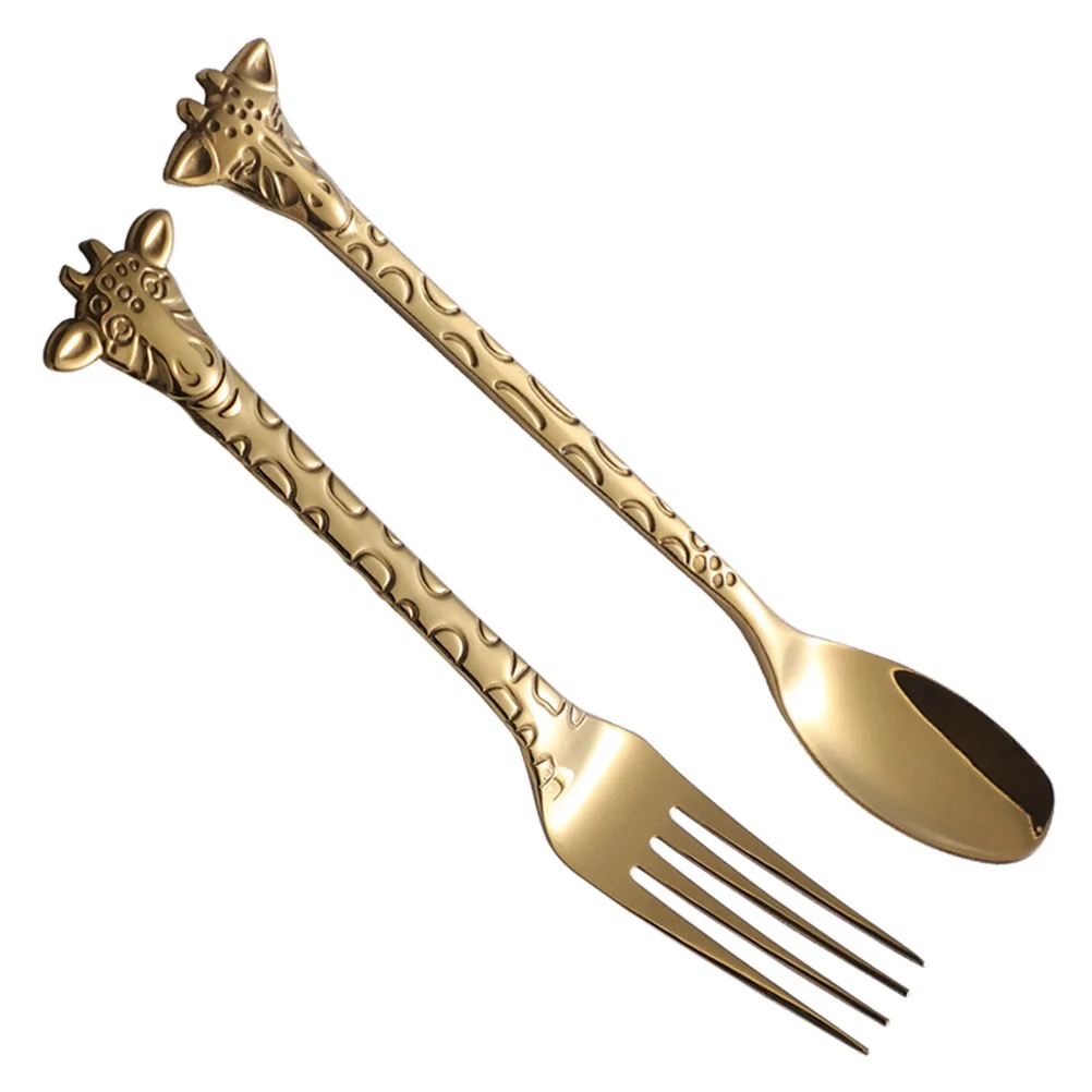 

2pcs Stainless Steel Spoon Fork Set Golden Mirror Polish Cartoon Handle Dessert Coffee Tea Cake Serving Utensils Home Restaurant
