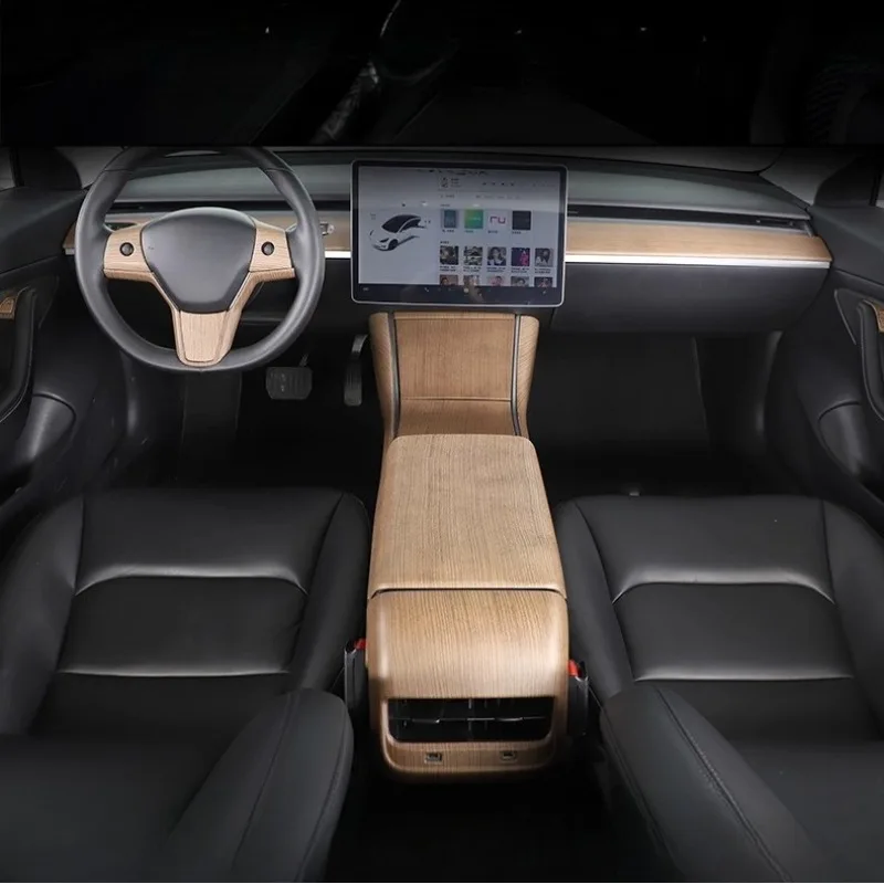 For Tesla Model 3/Y 2017-2024 Pear Wood Grain Interior Central Control Panel Steering Wheel Frame Car Interior Modification