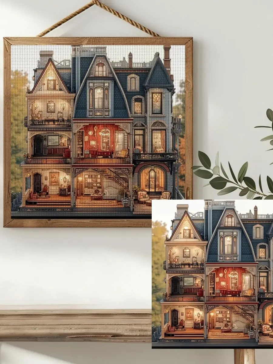 1 Stück 40X40CM/15,74 Zoll Die Villa am Abend Gestempeltes Kreuzstich-Set DIY-Set 11CT/14CT DIY Stickset DIY Kreuzstich S – Detail 1