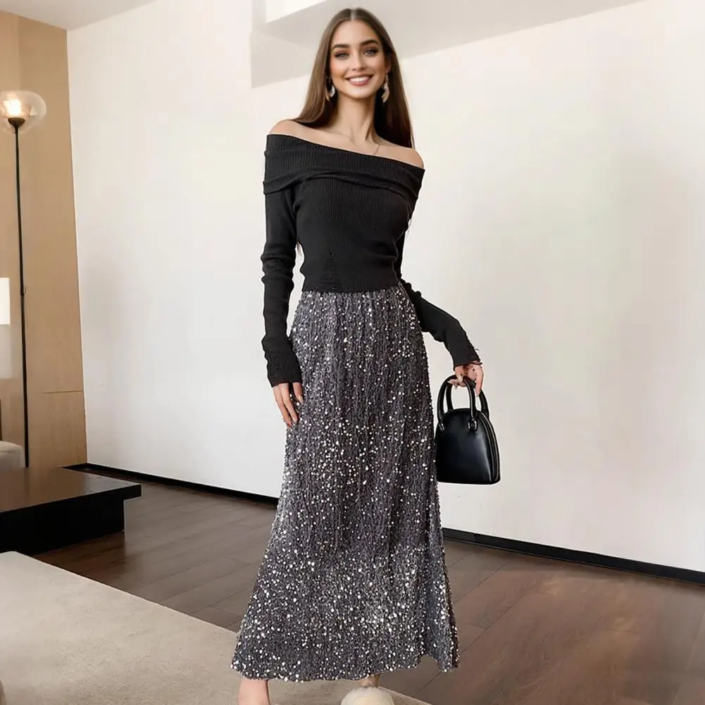 

Women Skirt Solid Color Shiny Sequin Decoration Midi Skirt Elastic High Waist Back Slit Design Skirt Beach Weddings Skirts