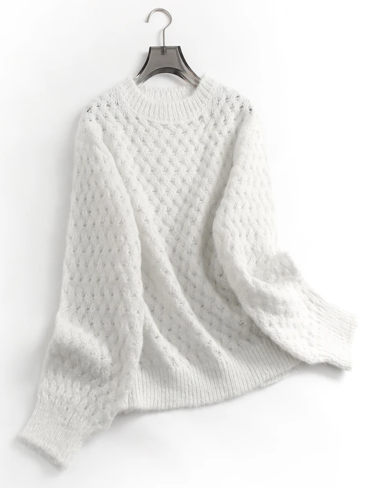 

Soft Color Knitted Hollow out Long Sve Women's Sweater round Ne Pullover Loose Casual Sle Autumn Faion G20