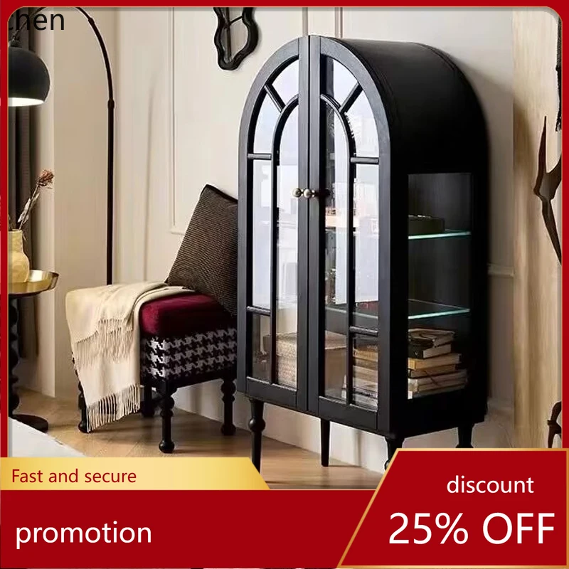 

HT arched glass wine cabinet living room dining side cabinet integrated against the wall light luxury black glass cabinet