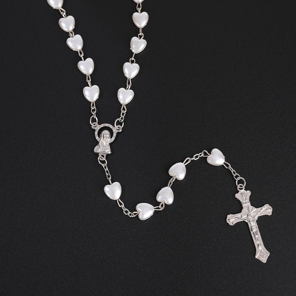 Religiöse Rosenkranz-Halsketten für Damen, rosa, weiße Herzperlen, Kette, Anhänger mit der Jungfrau Maria und Kreuz, Herren-Gebets- und Party-Schmuck, Geschenk – Detail 5