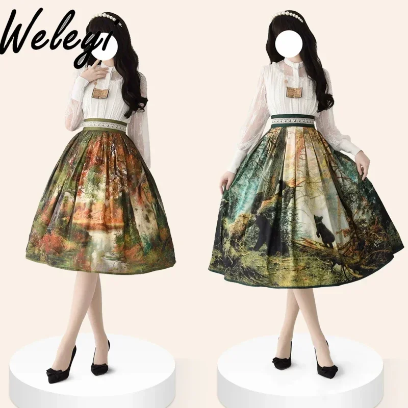 

Jirai Kei Sweet Printed Skirt Female 2024 Fall New Cute Girl Sk Oil Painting Series High Waisted Mid-length Skirts for Women