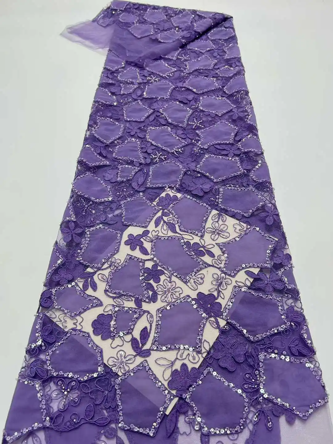 

High Quality African Lace Fabric with French Sequins Embroidery Beads Tulle 5 Yards for Party Dresses