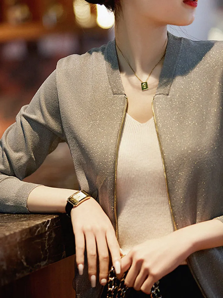 

Ele Ice Silk Knitted Open Cardigan Long Sve Comfortable Casual Faion Zipper Design Age-Defng Top for Young Women