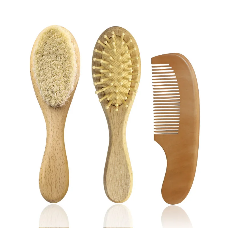 Baby Wool Brush Set  Beech Wood Soft Small Wooden Brush  Air Bag Wooden Comb Baby Shampoo Comb and Care Three-piece Set