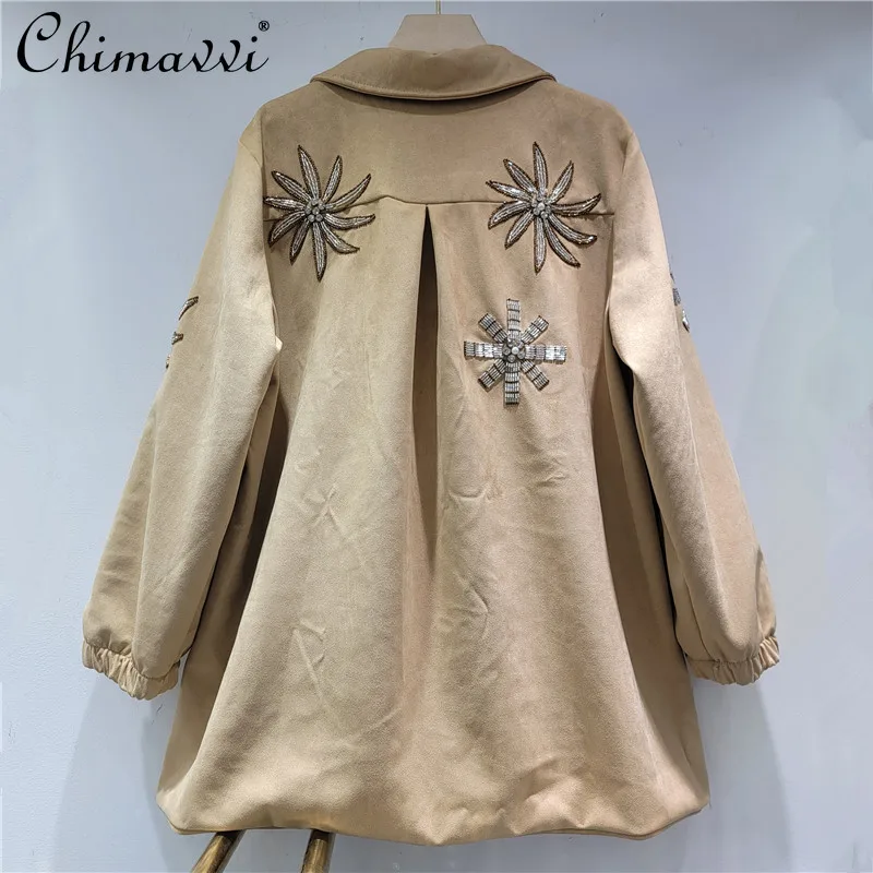 2025 Autumn New French Fashion High-end Heavy Handmade Diamond Lapel Jacket Top Fashion Imitation Deerskin Velvet Coat Top