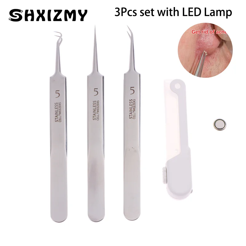 3 Stuks Led Acne Naald Pincet Mee-Eter Puistjes Verwijderen Puntige Buiging Gib Hoofd Gezichtsverzorging Tools Comedone Acne Extractor