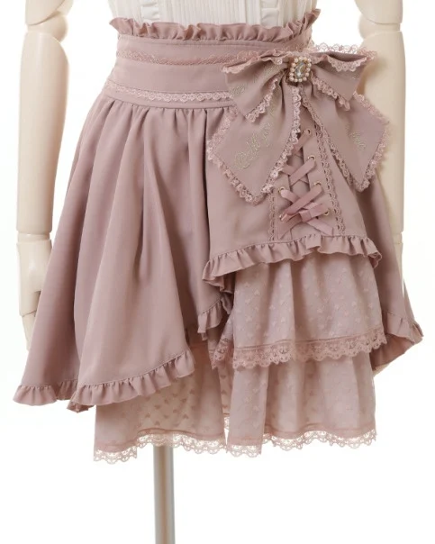 

Lolita Side Bow Tie Skirt Asymmetrical Hem lace A-line High Waist Sweet Kawaii Daily Semi-formal Skirt