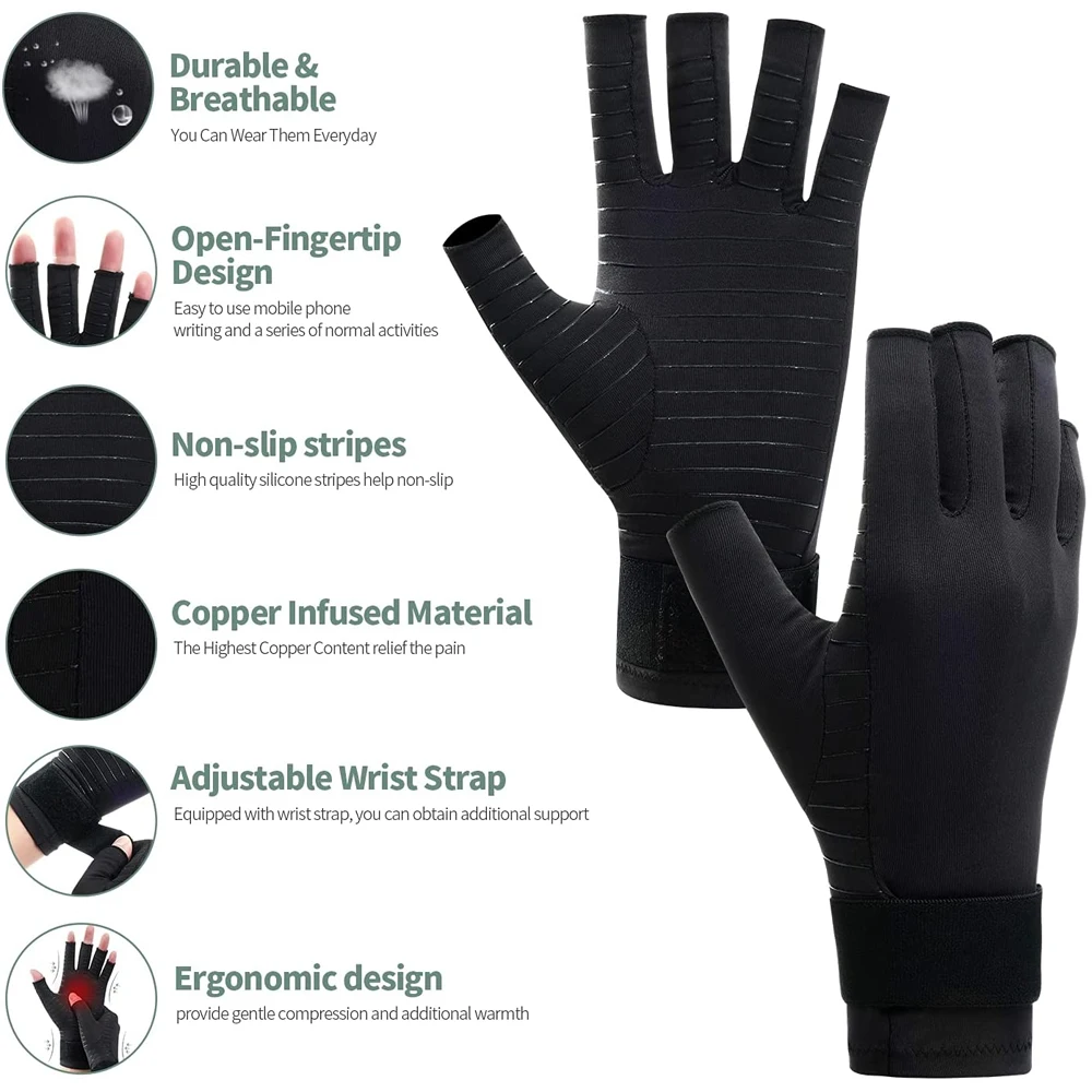 1 Pair Copper Arthritis Compression Gloves Women Men Relieve Hand Pain Swelling and Carpal Tunnel Fingerless for Typing