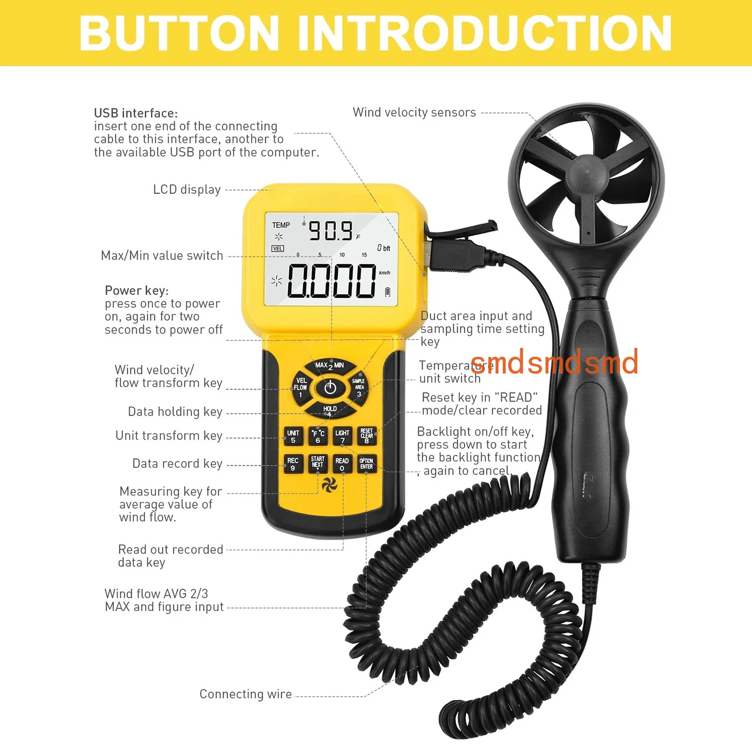 HVAC CFM Anemometer, Wind Speed Meter Commercial Air Flow Tester w/Data Storage PC USB Connectable Measure Windspeed Air Volume