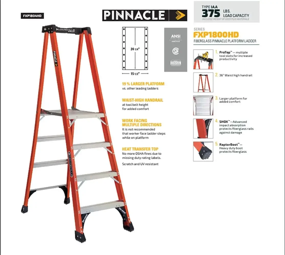 Louisville Ladder FXP1804HD Fiberglass Pro Platform Ladder, Type IAA, 375-Pound Load Capacity, 4-Feet